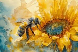 ai generado abeja en girasol pintura foto