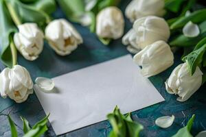 AI generated White Tulips Arranged on a Bed photo