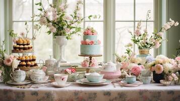 AI generated A vintage inspired tea party table with tiered cakes. Generative AI photo