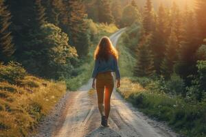 AI generated Woman Walking Down Dirt Road in Forest photo