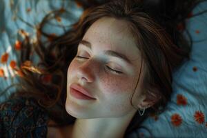 AI generated Woman Laying in Bed With Eyes Closed photo