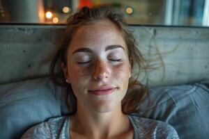 AI generated Woman Laying on Bed With Eyes Closed photo