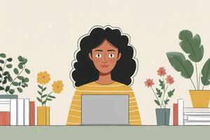 AI generated Woman Using Laptop at Table photo