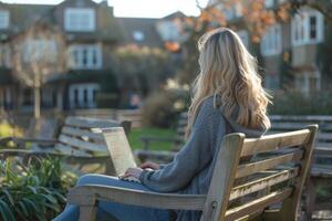 AI generated Woman Using Laptop on Park Bench photo