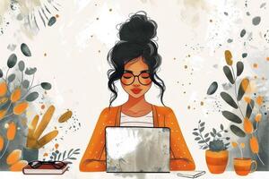AI generated Woman Using Laptop at Table photo