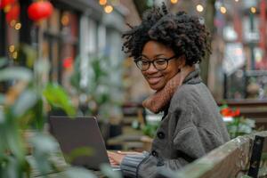 AI generated Woman Using Laptop on Park Bench photo