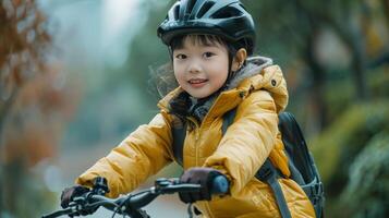 ai generado pequeño niña en casco montando bicicleta foto