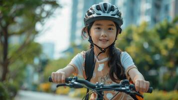 ai generado pequeño niña en casco montando bicicleta foto