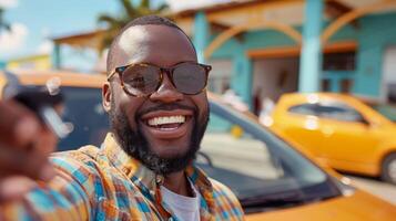 AI generated Man in Sunglasses Standing by Yellow Car photo