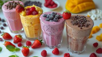 ai generado Tres Fruta batidos con fresas, naranjas, y arándanos foto