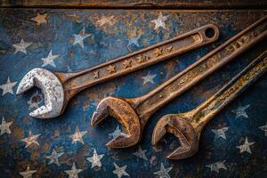 AI generated Two Wrenches and a Single Wrench on Rusty Surface photo