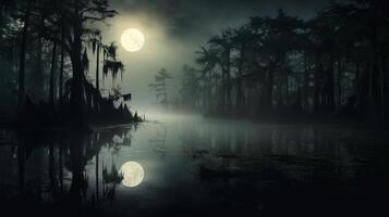 AI generated Eerie moonlit swamp with spectral reflections. Generative AI photo