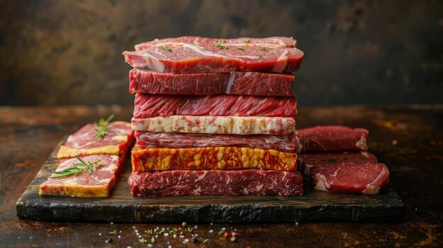 AI generated Stack of Raw Meat on Black Plate photo