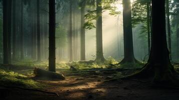 AI generated Enigmatic forest with diffused light. Generative AI photo