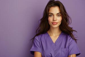 AI generated Woman in Purple Scrub Suit Poses for Picture photo