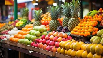 AI generated An exotic fruit market with a vibrant display of tropical fruits. Generative AI photo