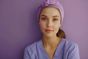 AI generated Female Nurse in Scrubs Standing in Front of Purple Wall photo
