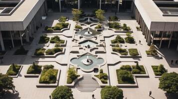 AI generated Overhead view of symmetrical brutalist plaza. Generative AI photo