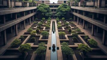 AI generated An overhead view of a symmetrical brutalist courtyard. Generative AI photo