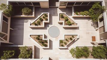 AI generated Overhead view of symmetrical brutalist courtyard. Generative AI photo