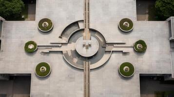 AI generated An overhead view of a symmetrical brutalist plaza. Generative AI photo