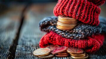AI generated Stack of Coins on Wooden Table photo