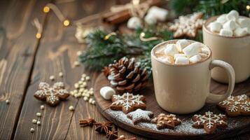 ai generado dos tazas de caliente chocolate con Malvaviscos y Navidad decoraciones foto