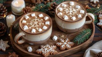 ai generado dos tazas de caliente chocolate con Malvaviscos y Navidad decoraciones foto