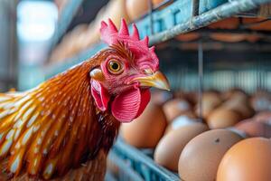 ai generado fila de pollos y huevos en granero foto