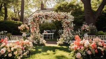 AI generated Backyard garden wedding with blooming flowers. Generative AI photo