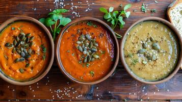 AI generated Two Bowls of Soup on Wooden Table photo