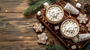 ai generado dos tazas de caliente chocolate con Malvaviscos y Navidad decoraciones foto