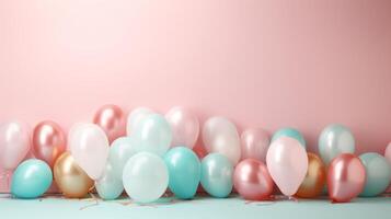 AI generated Colorful balloons against a vibrant pink wall. Generative AI photo
