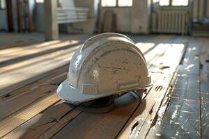 AI generated Yellow Hard Hat on Hard Wood Floor photo