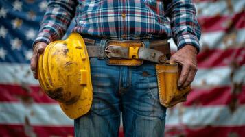 AI generated Construction Worker Holding Yellow Hard Hat photo