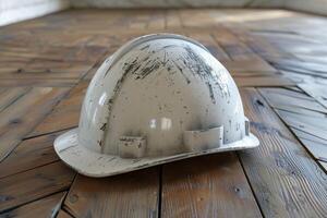 AI generated Yellow Hard Hat on Wooden Bench photo