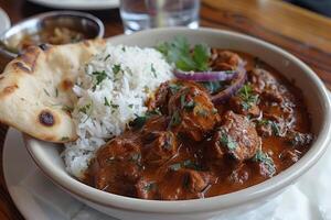 AI generated Bowl of Rice and Meat in Savory Sauce photo