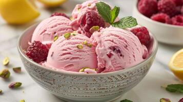 AI generated Bowl of Ice Cream With Raspberries and Pistachio photo