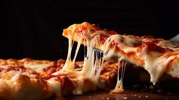 AI generated Close-up of cheesy slice being pulled from pizza. Generative AI photo