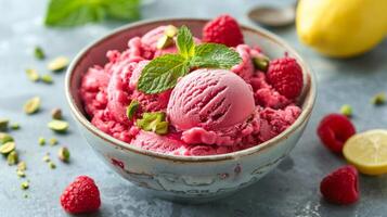 AI generated Raspberry Ice Cream and Pistachio Bowl photo