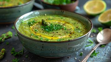 AI generated Green Soup Bowl With Spoon photo