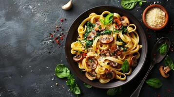AI generated Wooden Bowl Filled With Pasta and Vegetables photo