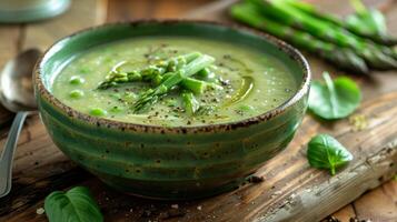 AI generated Green Asparagus Soup With Asparagus on Cutting Board photo