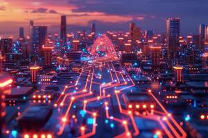 AI generated Computer Circuit Board Illuminated With Neon Lights photo
