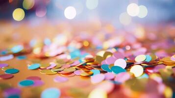 AI generated Closeup of confetti scattered on a party table. Generative AI photo