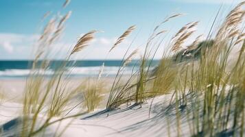 AI generated Beach with grass blowing in the wind. Generative AI photo