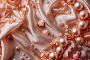 AI generated Pink Satin Fabric With Pearls Close Up photo