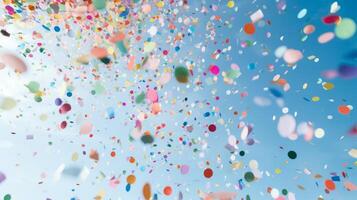 AI generated Confetti flying during a surprise birthday party. Generative AI photo