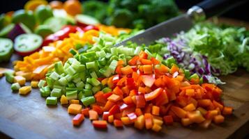 AI generated Colorful vegetables being chopped and tossed. Generative AI photo