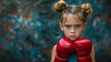 ai generado joven niña vistiendo rojo boxeo guantes foto